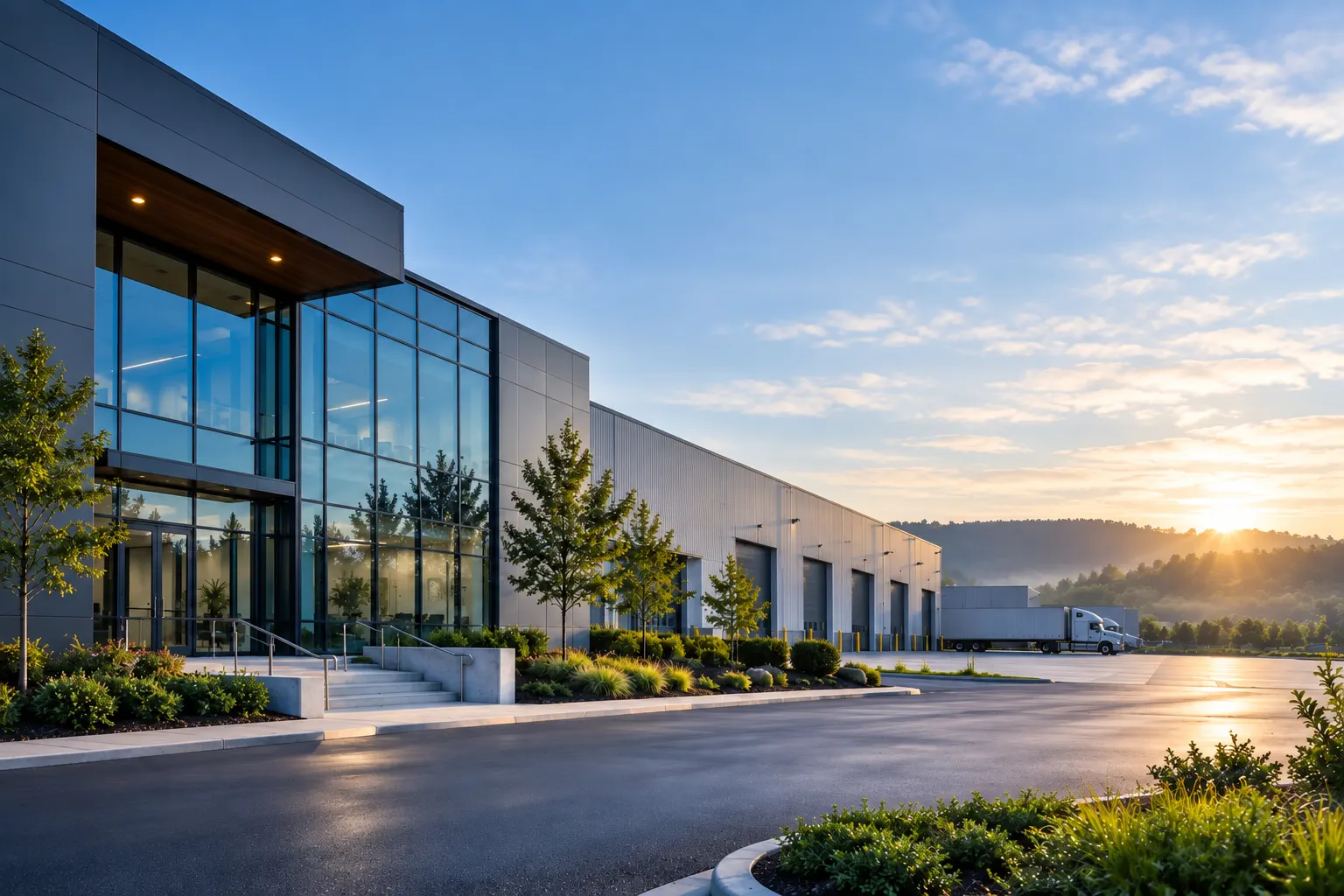 Modern U.S. industrial facility at sunrise